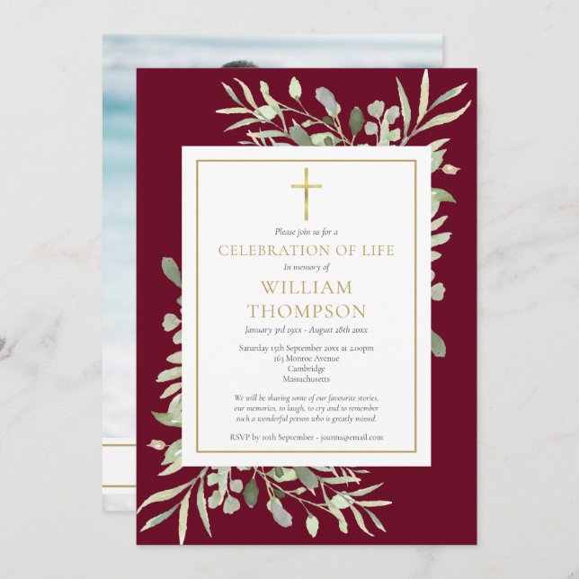 Celebration of Life Funeral Foliage Burgundy Photo Invitation (Front/Back)