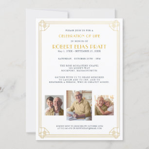 Celebration of Life Funeral Gold White 3 Photo In Invitation