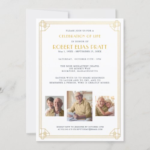 Celebration of Life Funeral Gold White 3 Photo  In Invitation