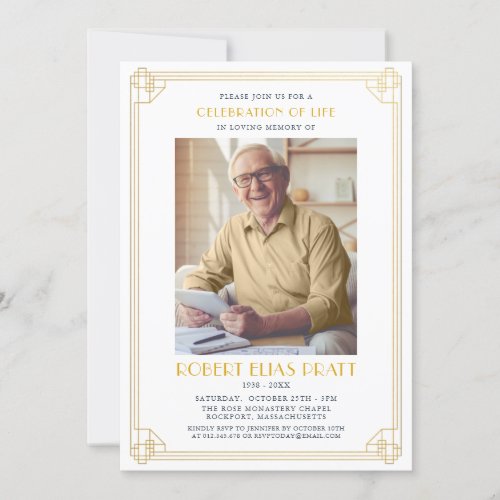 Celebration of Life Funeral Gold White Photo Invitation