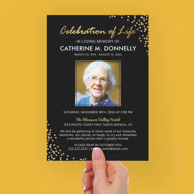 Celebration of Life | Funeral Memorial Black Gold Invitation | Zazzle
