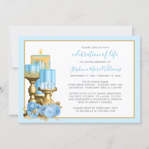 Celebration of Life Funeral Memorial Blue Candle Invitation