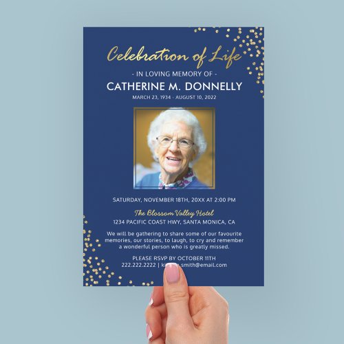 Celebration of Life  Funeral Memorial Blue Gold Invitation