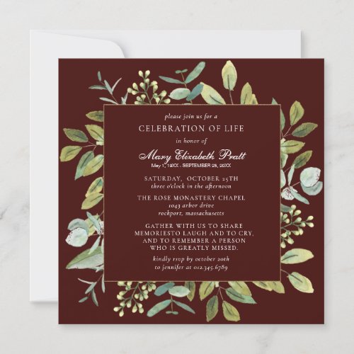 Celebration of Life Funeral Memorial Botanical Invitation