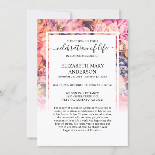 Celebration of Life Funeral Memorial Bright Floral Invitation | Zazzle