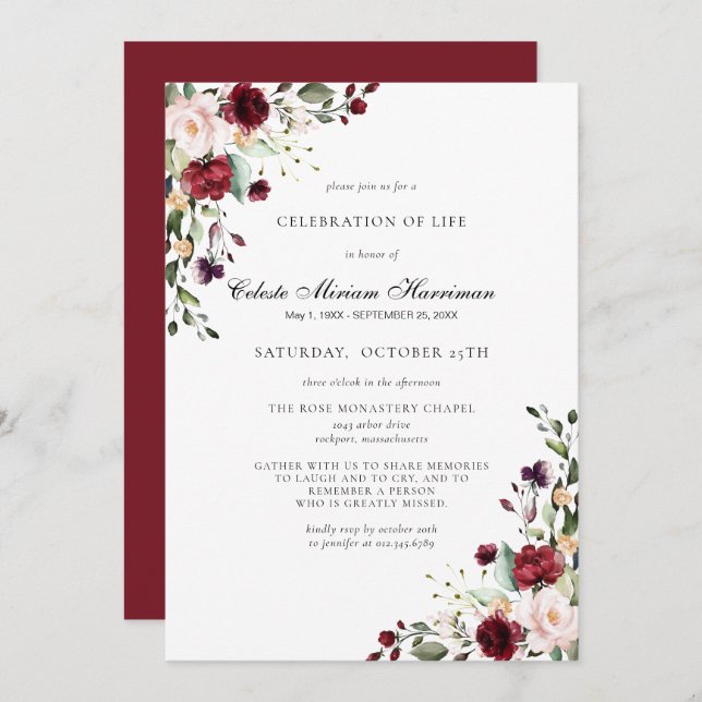 Celebration of Life Funeral Memorial Burgundy Rose Invitation (Front/Back)