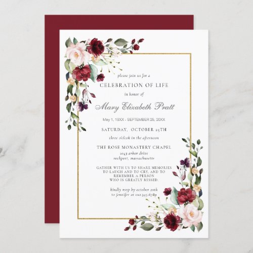 Celebration of Life Funeral Memorial Burgundy Rose Invitation