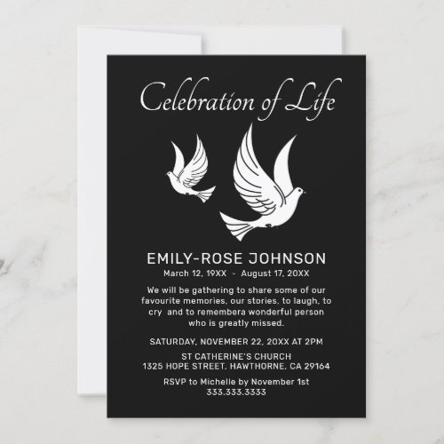 Celebration of Life  Funeral Memorial Doves Invitation