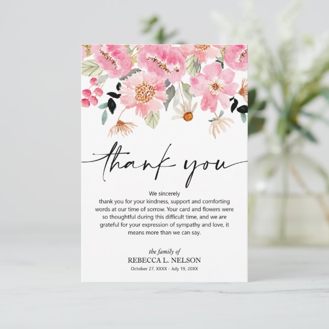 Celebration of Life Funeral Memorial Floral Thank You Card (Standing Front)