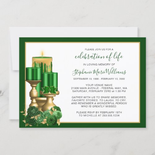 Celebration of Life Funeral Memorial Green Candle  Invitation