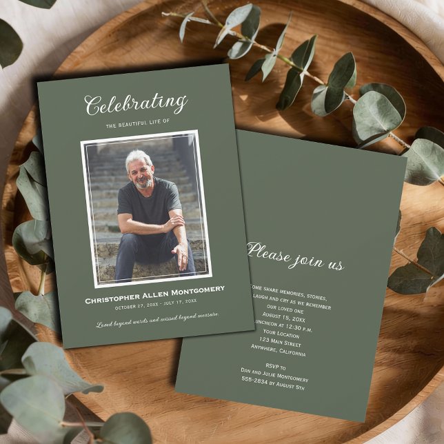 Celebration of Life Funeral Memorial Invitation (Celebration of Life photo funeral memorial green invitations, PRINTED and/or INSTANT DOWNLOAD)