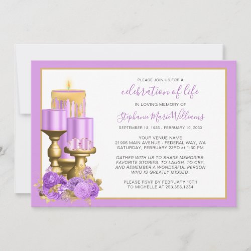 Celebration of Life Funeral Memorial Lilac Candle  Invitation