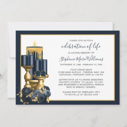 Celebration of Life Funeral Memorial Navy Candle Invitation