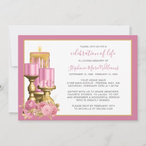 Celebration of Life Funeral Memorial Pink Candle Invitation