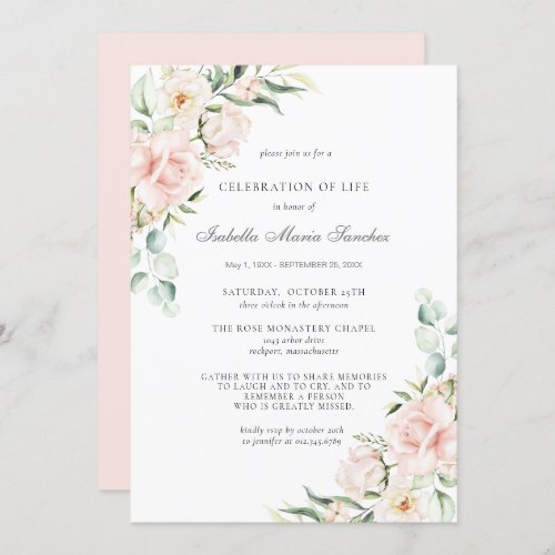 Celebration of Life Funeral Memorial Pink Floral I Invitation