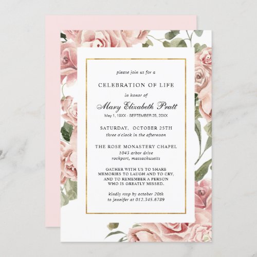 Celebration of Life Funeral Memorial Pink Floral I Invitation