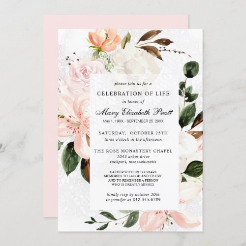 Celebration of Life Funeral Memorial Pink Floral I Invitation