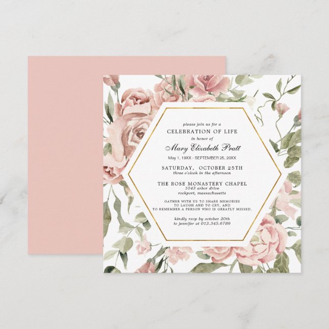 Celebration of Life Funeral Memorial Pink Floral I Invitation (Front/Back)