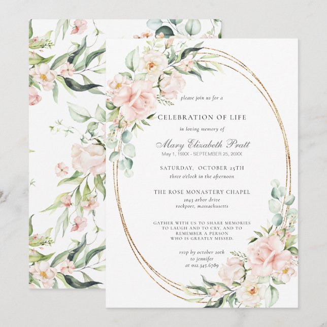 Celebration of Life Funeral Memorial Pink Floral Invitation (Front/Back)