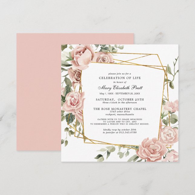 Celebration of Life Funeral Memorial Pink Floral Invitation (Front/Back)
