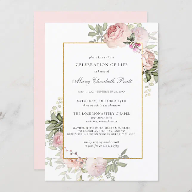 Celebration of Life Funeral Memorial Pink Floral Invitation | Zazzle