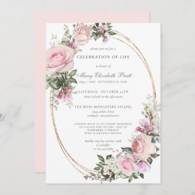 Celebration of Life Funeral Memorial Pink Floral Invitation (Front/Back)