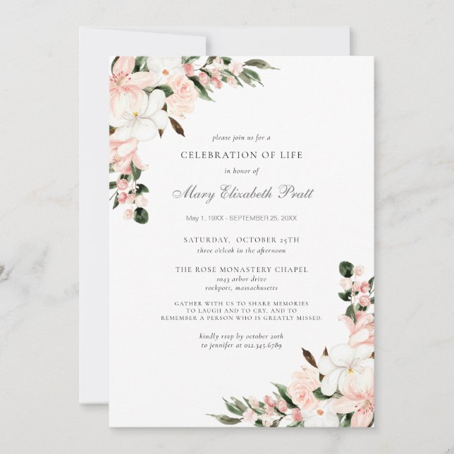 Celebration of Life Funeral Memorial Pink Floral Invitation (Front)