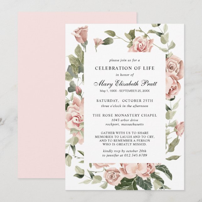 Celebration of Life Funeral Memorial Pink Floral Invitation (Front/Back)