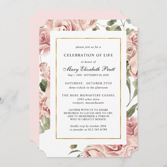 Celebration of Life Funeral Memorial Pink Floral Invitation (Front/Back)