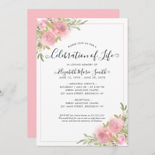 Celebration of Life Funeral Memorial Pink Floral Invitation | Zazzle