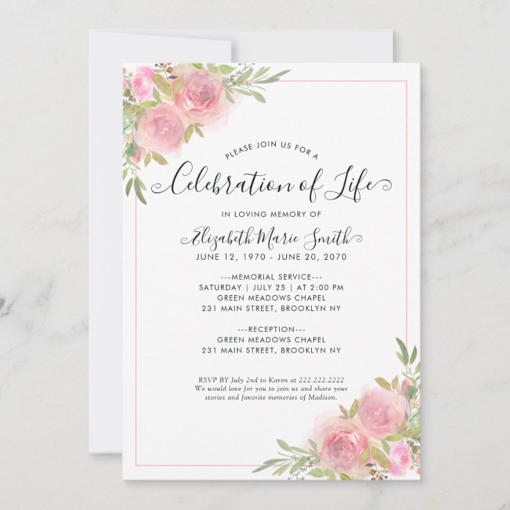 Celebration of Life Funeral Memorial Pink Floral Invitation | Zazzle