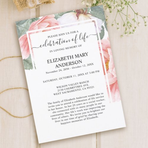 Celebration of Life Funeral Memorial Pink Floral Invitation