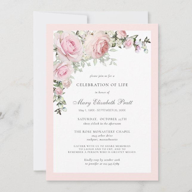 Celebration of Life Funeral Memorial Pink Floral Invitation (Front)