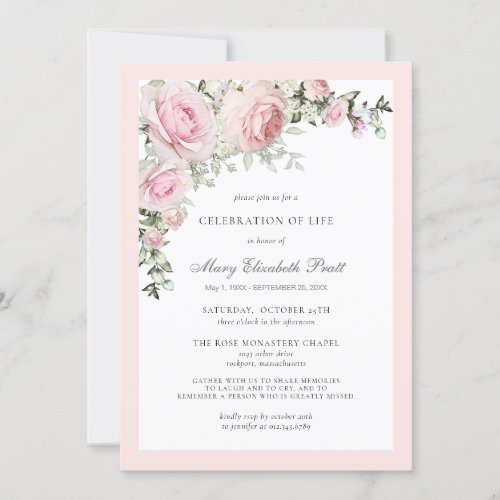 Celebration of Life Funeral Memorial Pink Floral Invitation