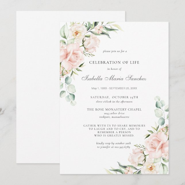 Celebration of Life Funeral Memorial Pink Floral Invitation (Front/Back)