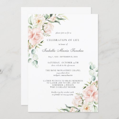 Celebration of Life Funeral Memorial Pink Floral Invitation