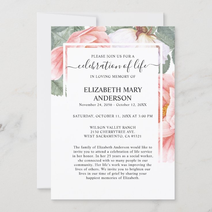 Celebration of Life Funeral Memorial Pink Floral Invitation | Zazzle