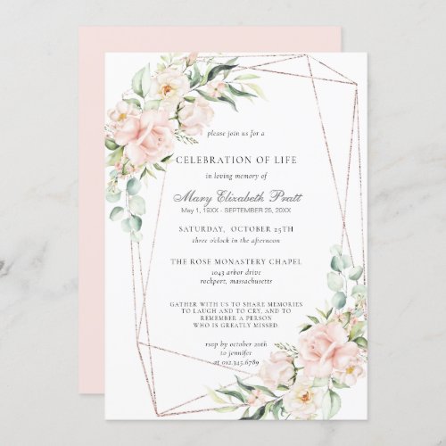 Celebration of Life Funeral Memorial Pink Floral Invitation