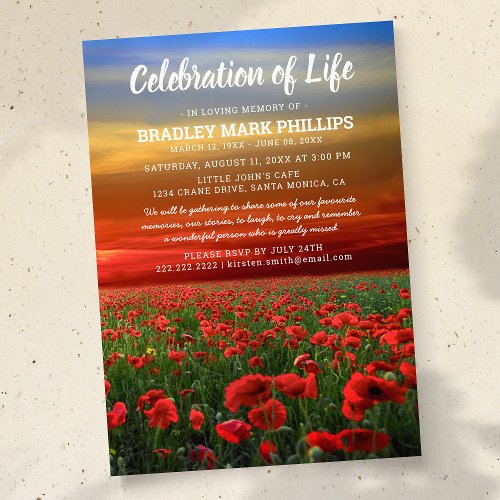 Celebration of Life  Funeral Memorial Poppy Field Invitation