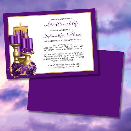 Celebration of Life Funeral Memorial Purple Candle Invitation