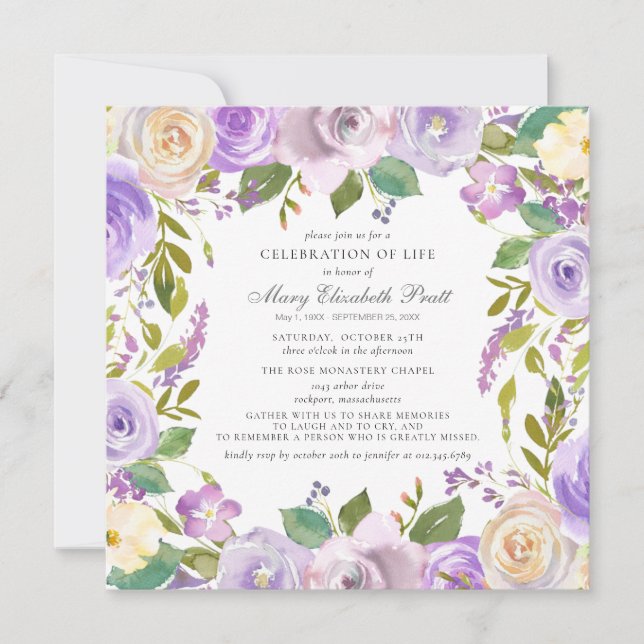 Celebration of Life Funeral Memorial Purple Floral Invitation (Front)