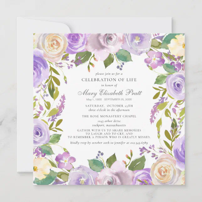 Celebration of Life Funeral Memorial Purple Floral Invitation | Zazzle