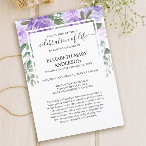 Celebration of Life Funeral Memorial Purple Floral Invitation