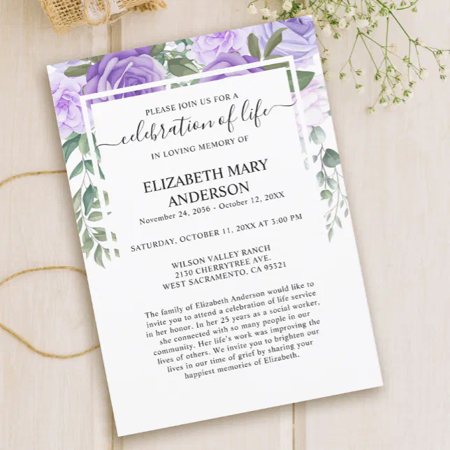 Celebration of Life Funeral Memorial Purple Floral Invitation | Zazzle