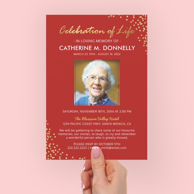Celebration of Life | Funeral Memorial Red Gold Invitation (Creator Uploaded)