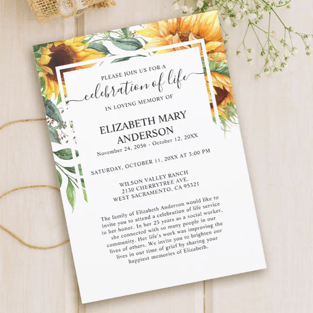 Celebration of Life Funeral Memorial Sunflower Invitation | Zazzle