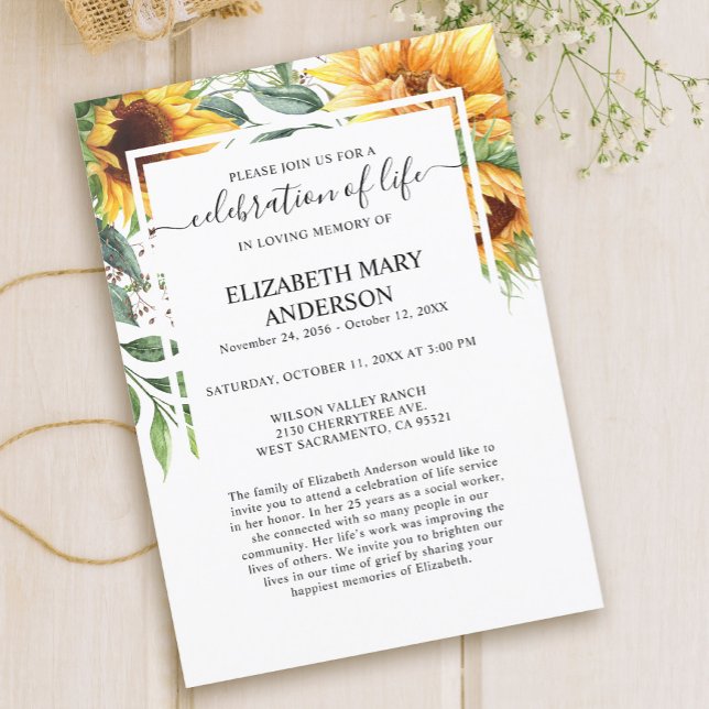 Celebration of Life Funeral Memorial Sunflower  Invitation (Creator Uploaded)