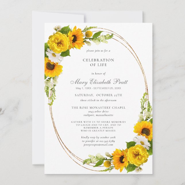 Celebration of Life Funeral Memorial Sunflowers In Invitation (Front)
