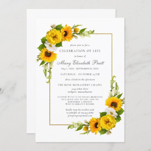 Celebration of Life Funeral Memorial Sunflowers In Invitation