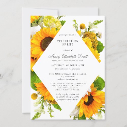 Celebration of Life Funeral Memorial Sunflowers Invitation